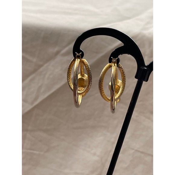 Vintage Double Hoop Vintage Look Gold / Silver Tone Rhinestone Pierced Earrings - Picture 7 of 12